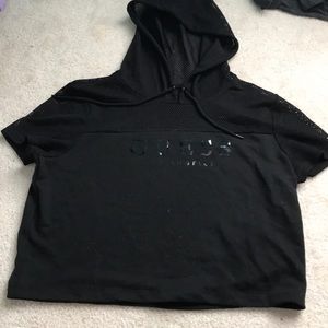 Black half fishnet t-shirt with hood